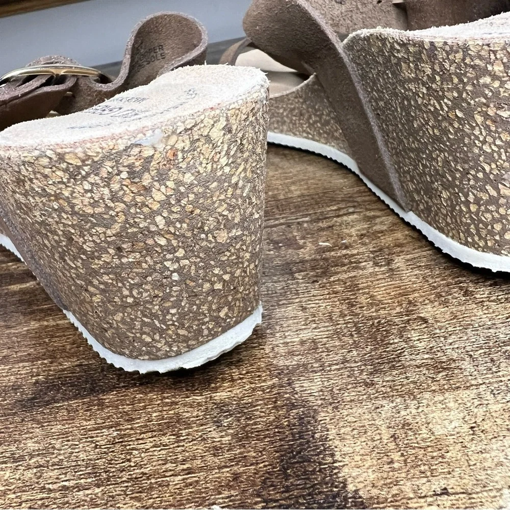 Bio‎ Green Cork Wedge Brown Leather Double Strap Made in Spain women's 40 8.5